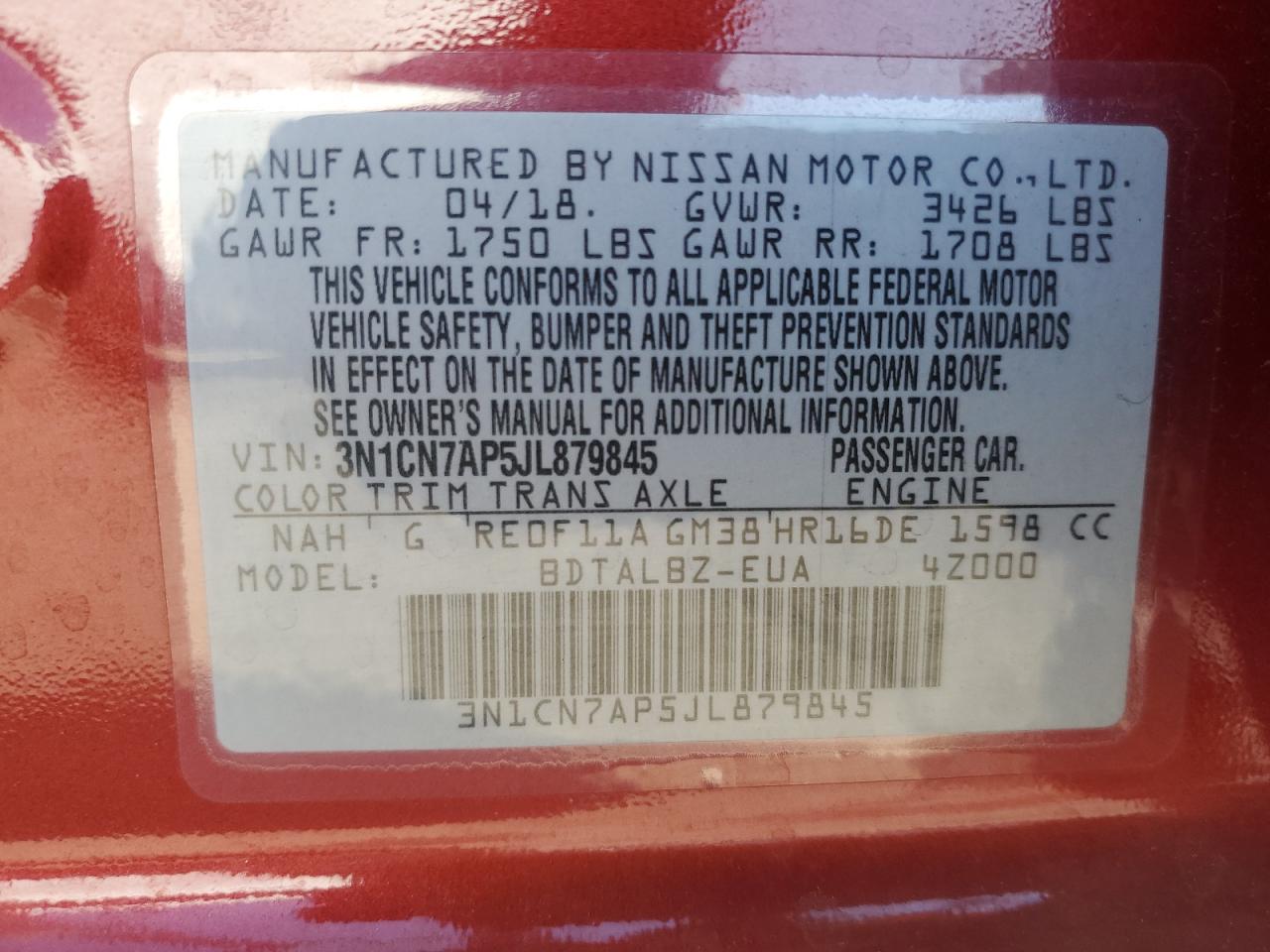 2018 Nissan Versa VIN 3N1CN7AP5JL879845 Copart auction photo, front end damage thumbnail 15