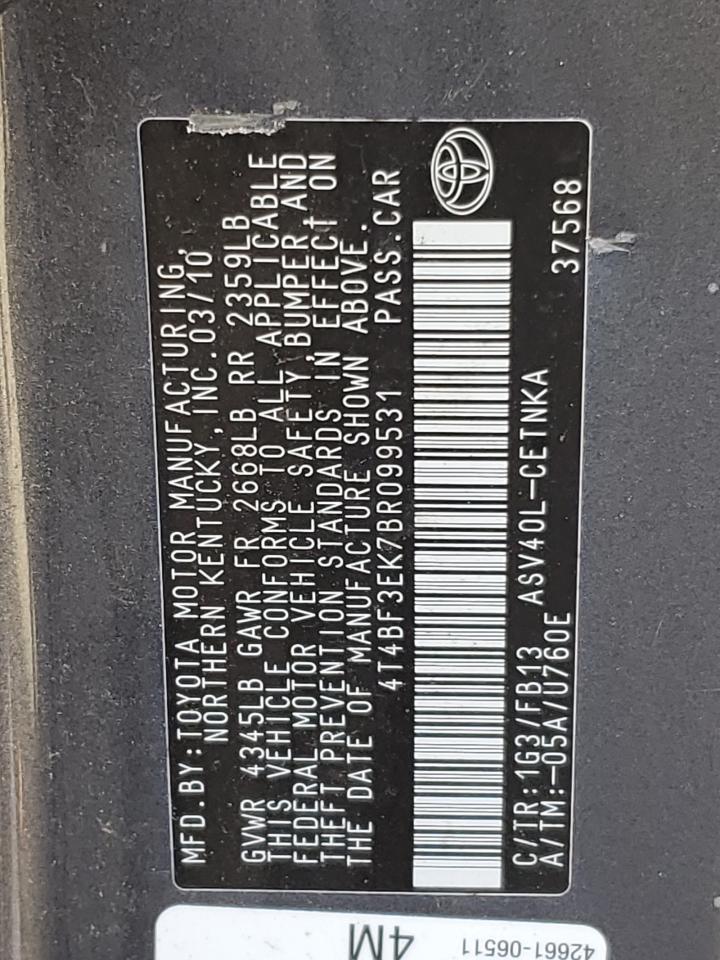 2011 Toyota Camry VIN 4T4BF3EK7BR099531 Copart auction photo, front end / minor dent/scratches damage thumbnail 12