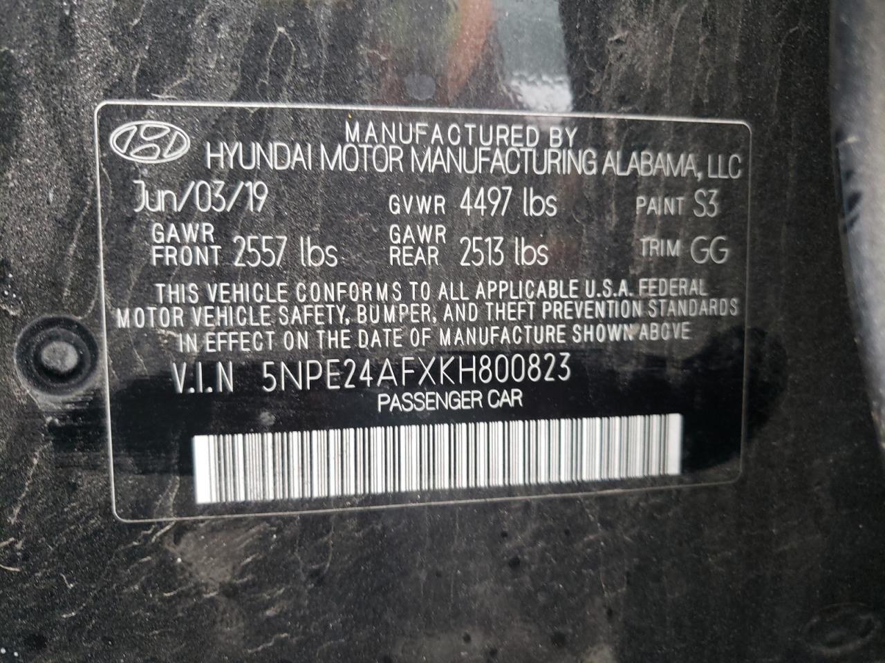2019 Hyundai Sonata VIN 5NPE24AFXKH800823 Copart auction photo, vandalism / side damage thumbnail 12