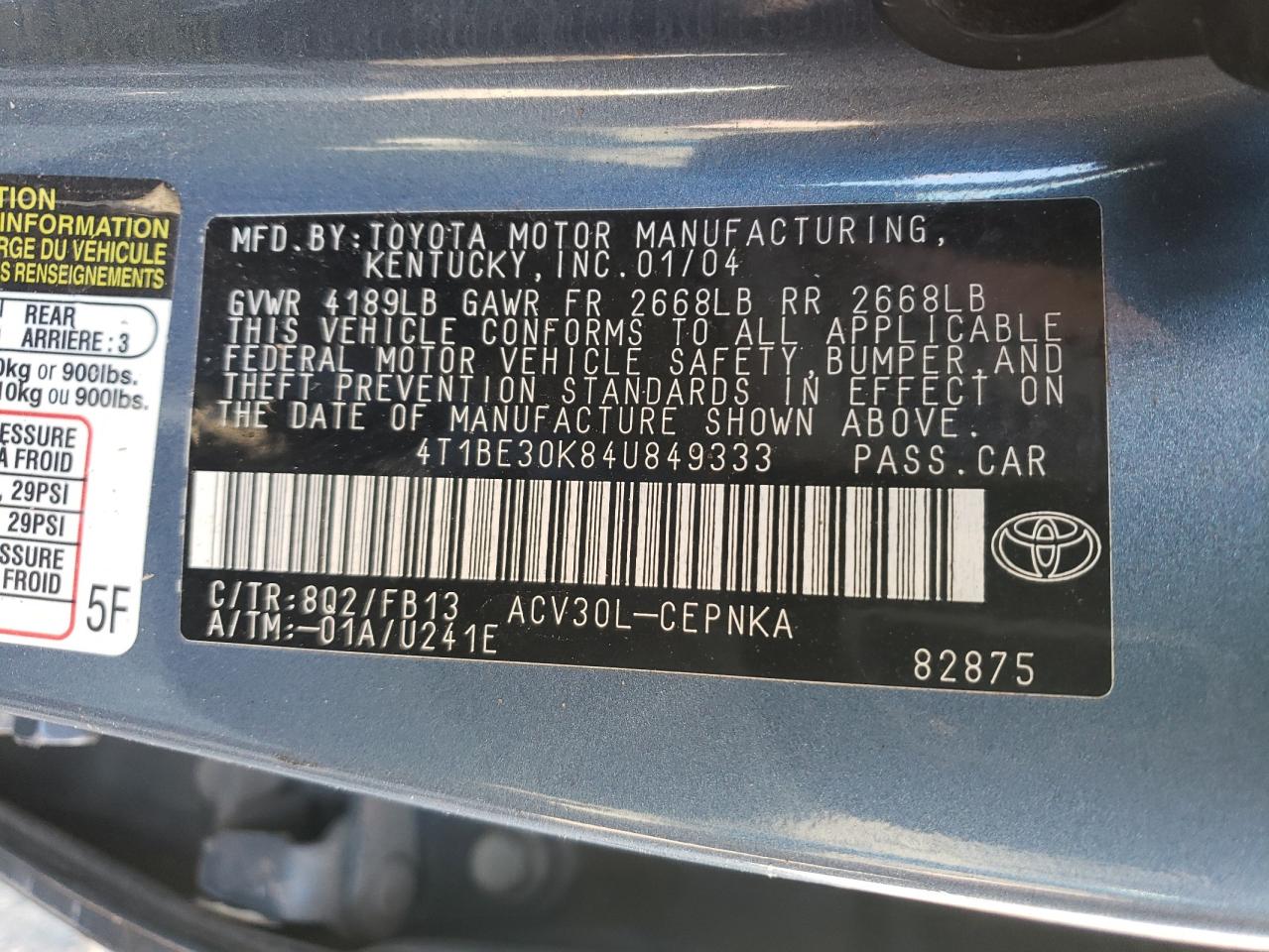 2004 Toyota Camry VIN 4T1BE30K84U849333 Copart auction photo, all over damage thumbnail 13