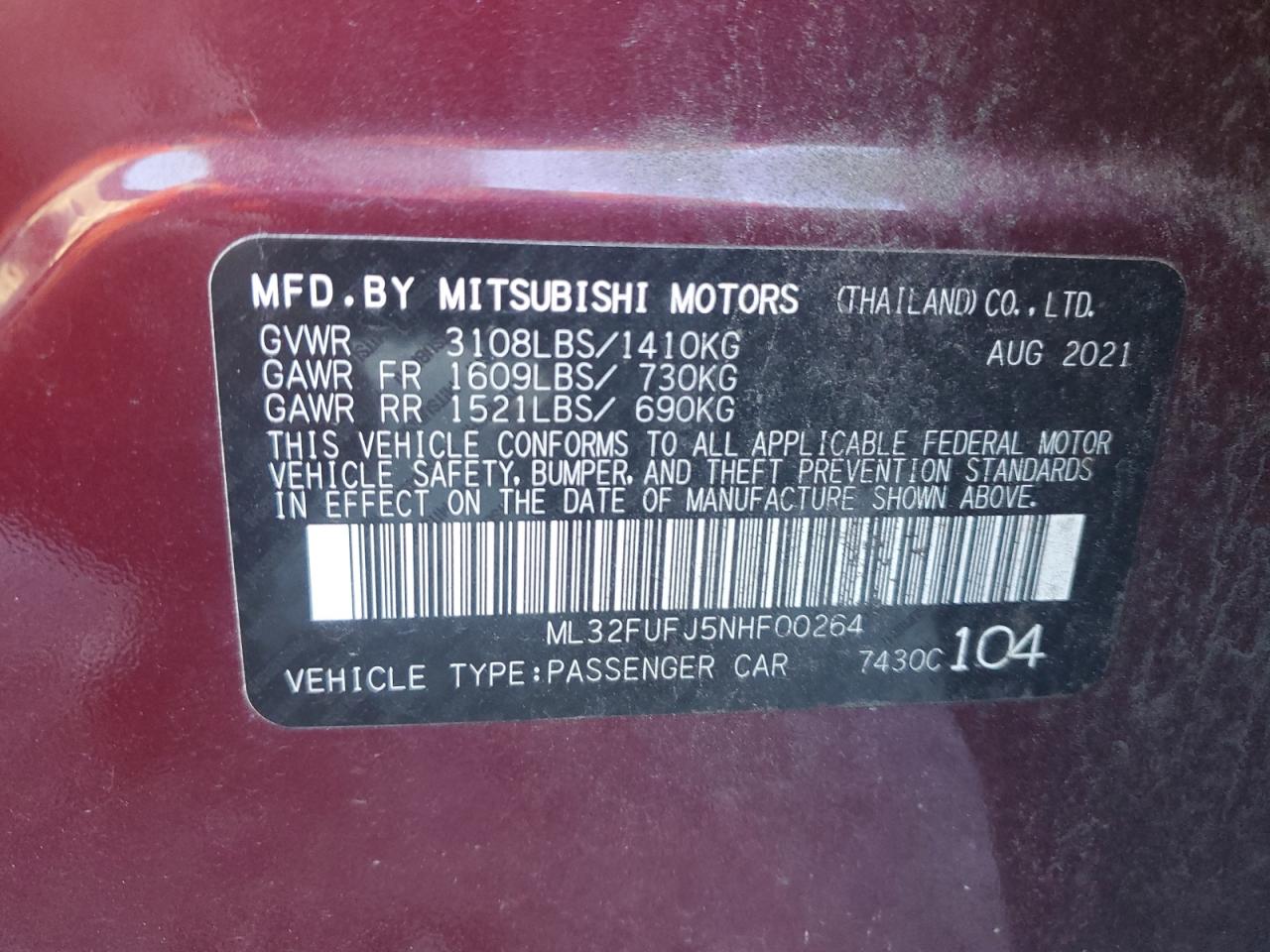2022 Mitsubishi Mirage VIN ML32FUFJ5NHF00264 Copart auction photo, front end damage thumbnail 14