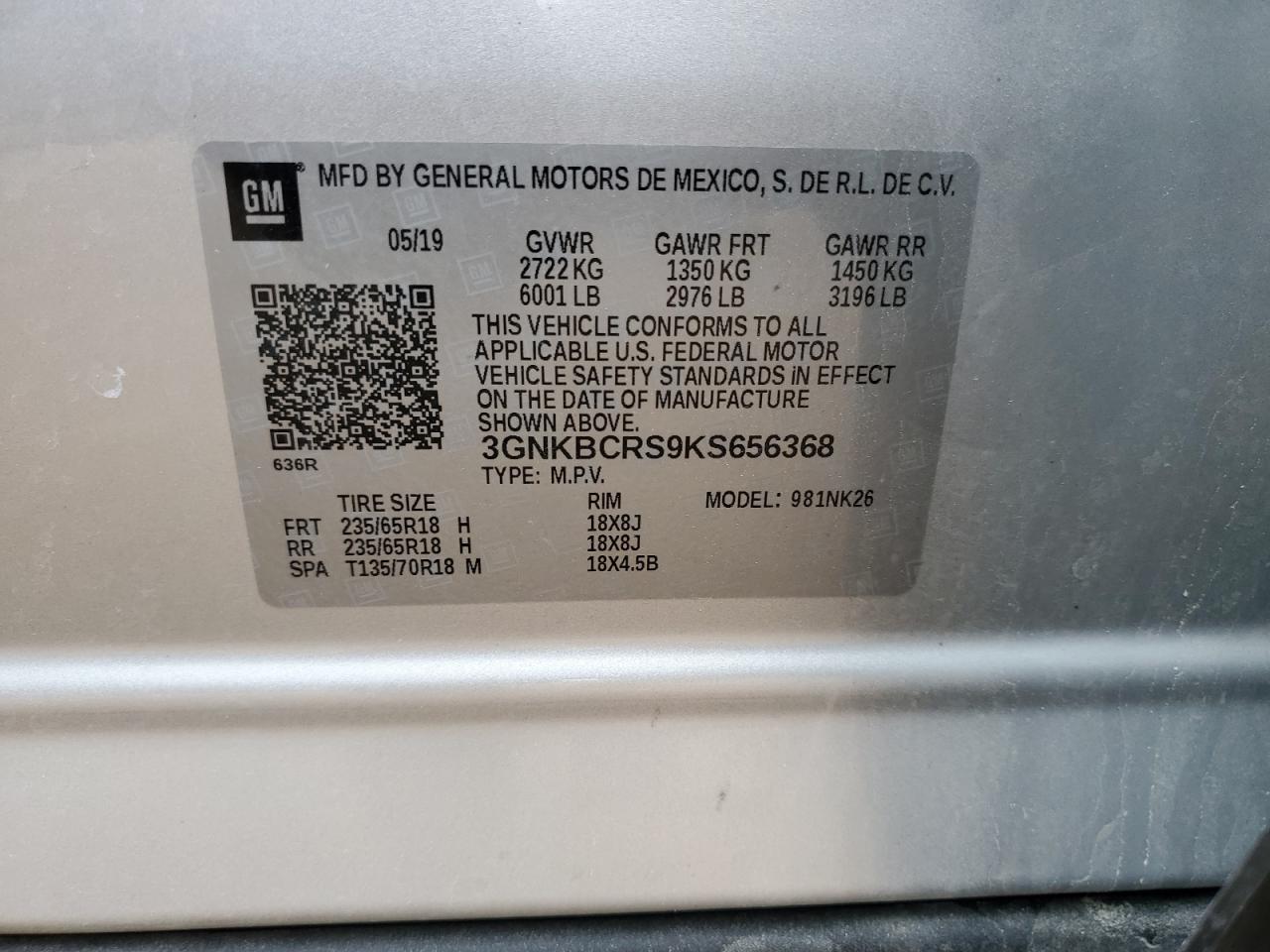 2019 Chevrolet Blazer VIN 3GNKBCRS9KS656368 Copart auction photo, front end / side damage thumbnail 14
