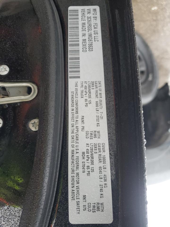2021 RAM 2500 VIN 3C6UR5SL1MG678633 Copart auction photo, vandalism damage thumbnail 13