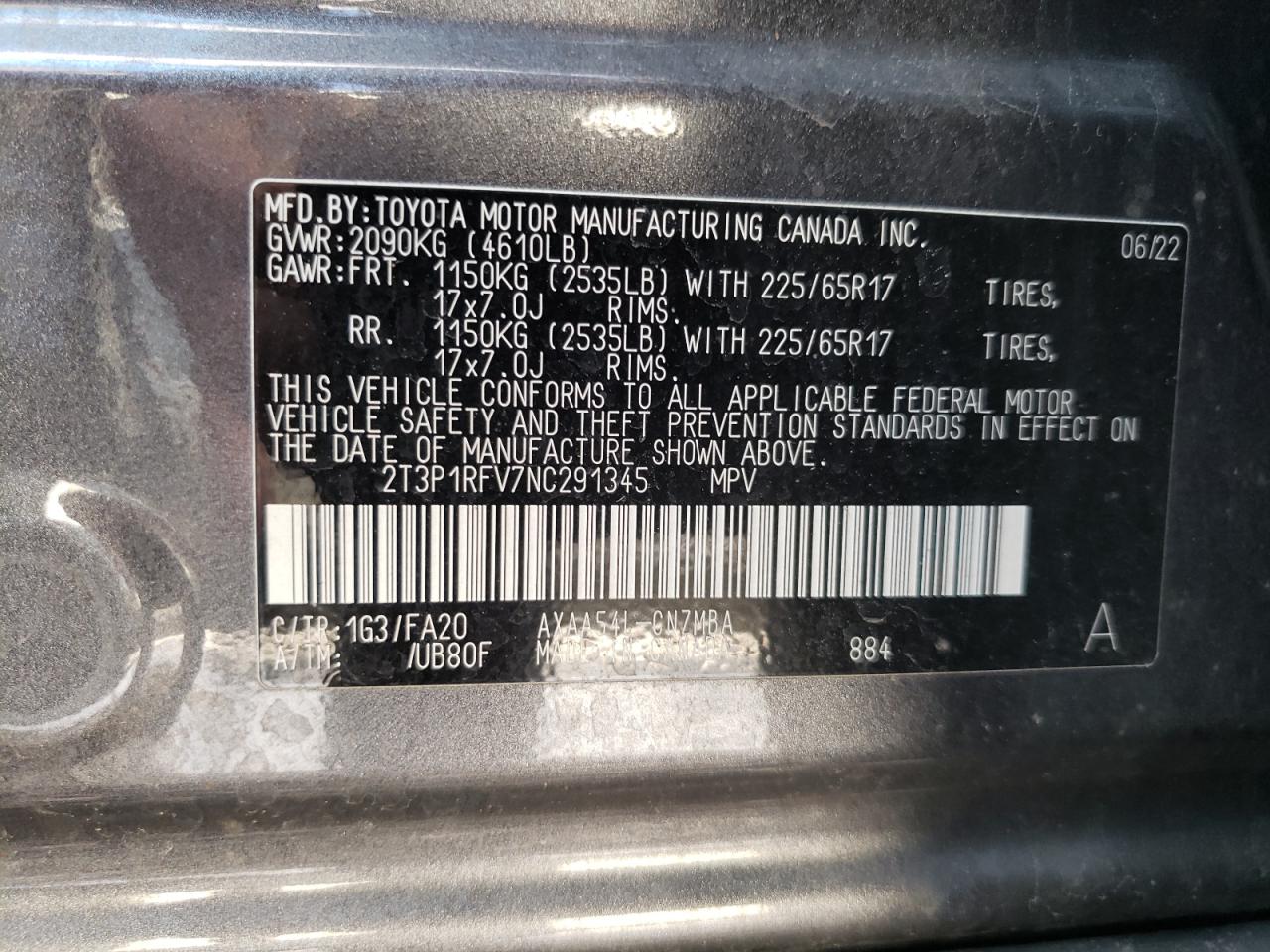 2022 Toyota RAV 4 VIN 2T3P1RFV7NC291345 Copart auction photo, front end / side damage thumbnail 13
