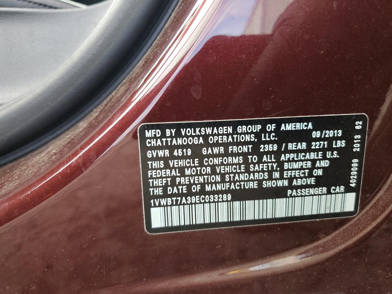 2014 Volkswagen Passat VIN 1VWBT7A39EC033289 Copart auction photo, side / front end damage thumbnail 13