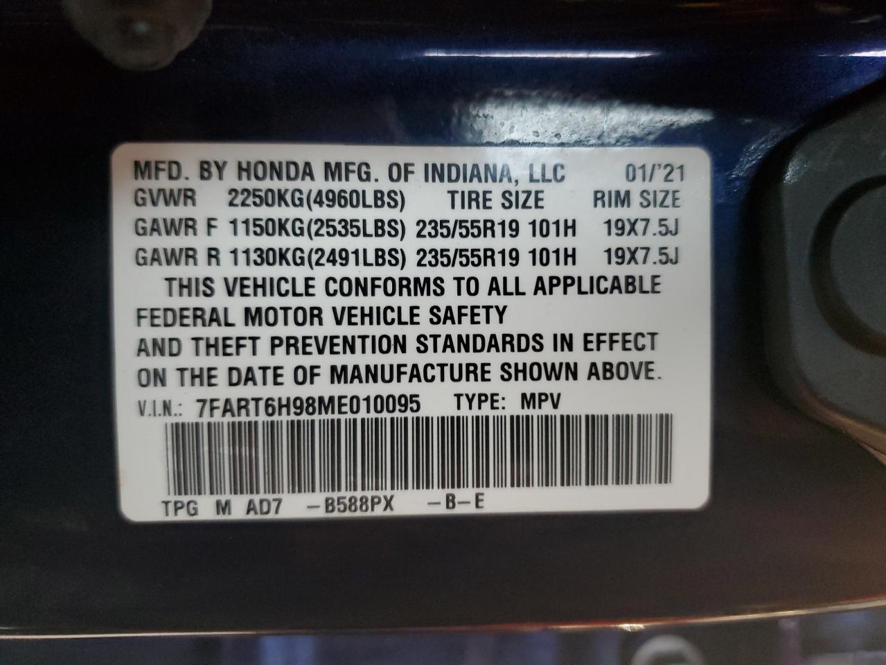 2021 Honda CR-V VIN 7FART6H98ME010095 Copart auction photo, biohazard/chemical damage thumbnail 14