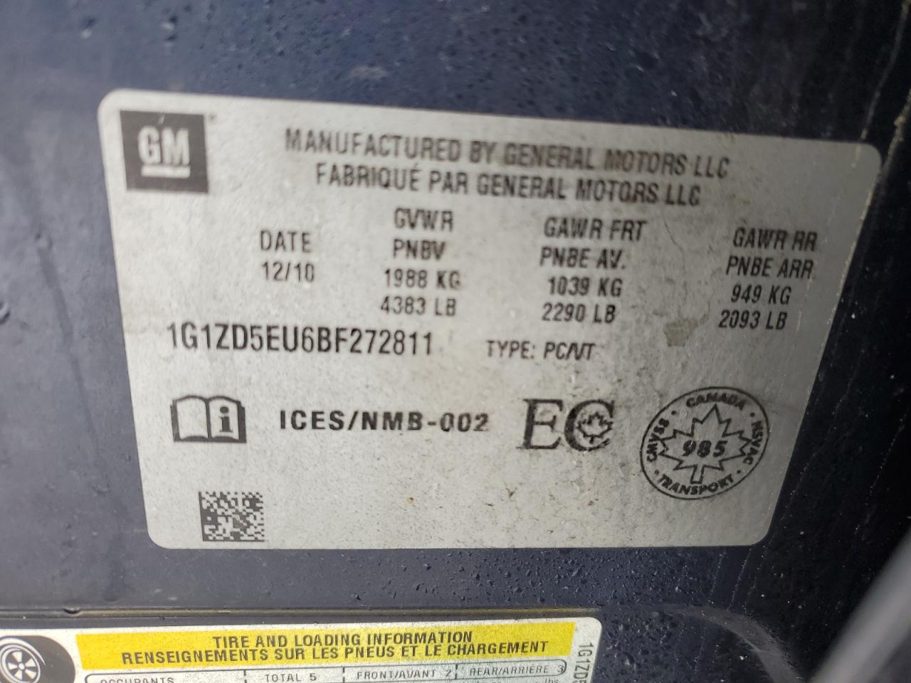2011 Chevrolet Malibu VIN 1G1ZD5EU6BF272811 Copart auction photo, front end / side damage thumbnail 13