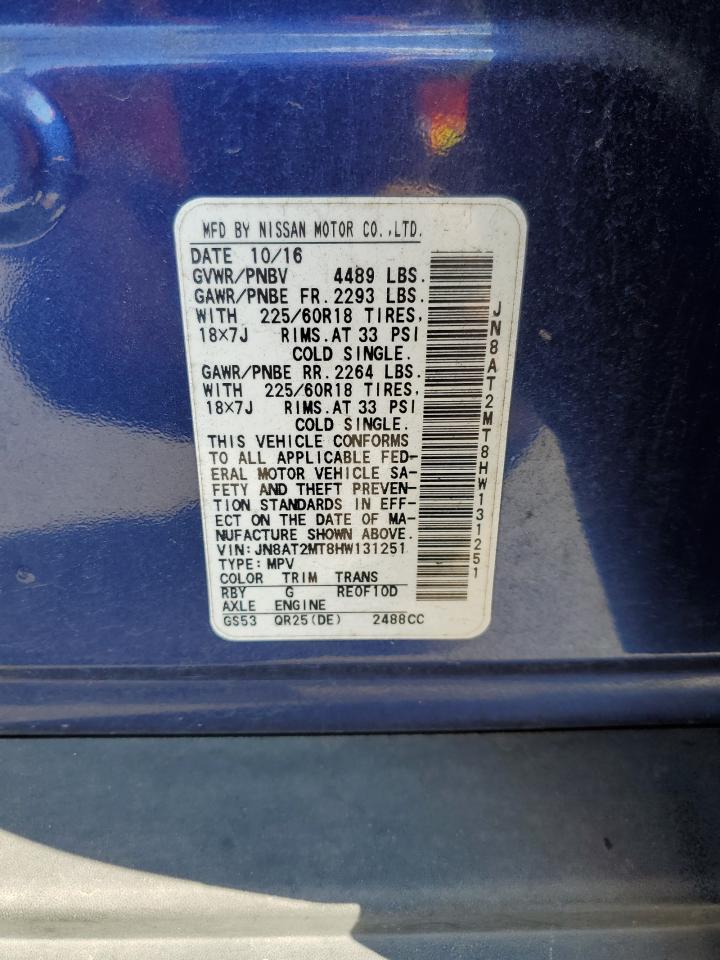 2017 Nissan Rogue VIN JN8AT2MT8HW131251 Copart auction photo, water/flood / minor dent/scratches damage thumbnail 14