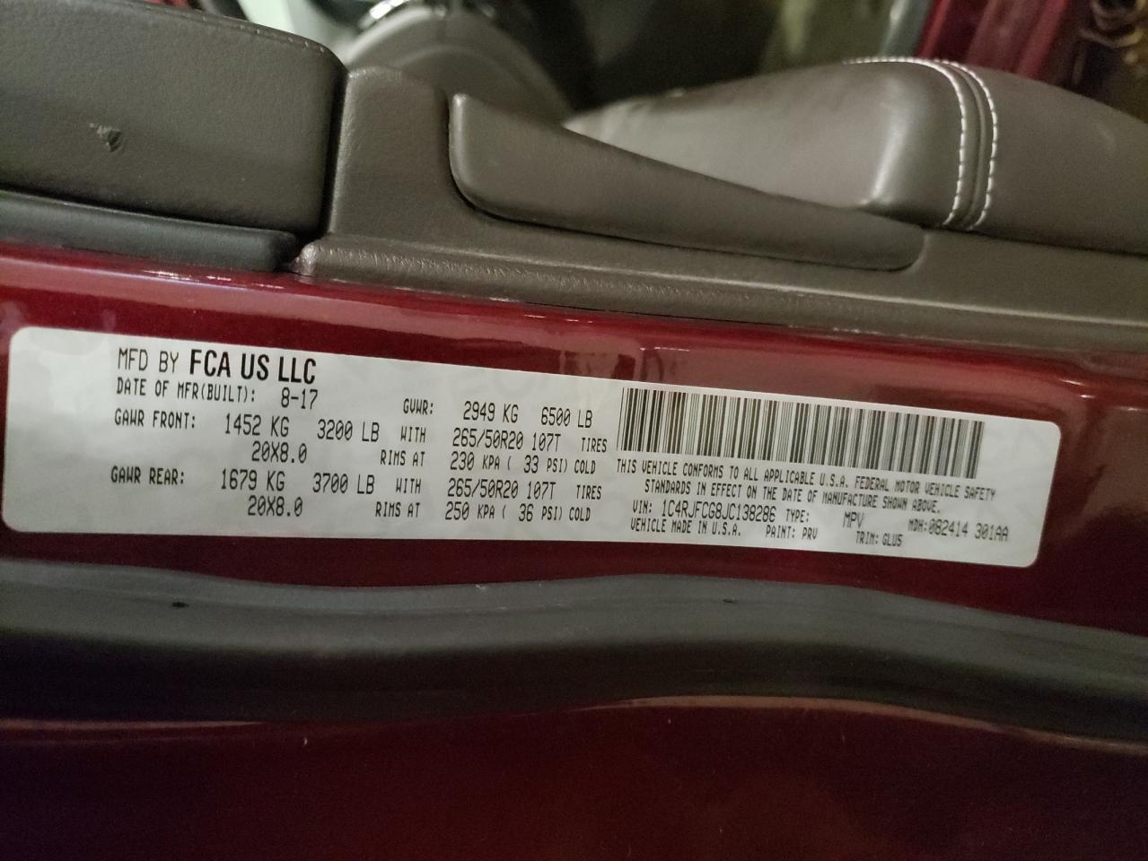 2018 Jeep Grand Cherokee VIN 1C4RJFCG8JC138286 Copart auction photo, front end damage thumbnail 13
