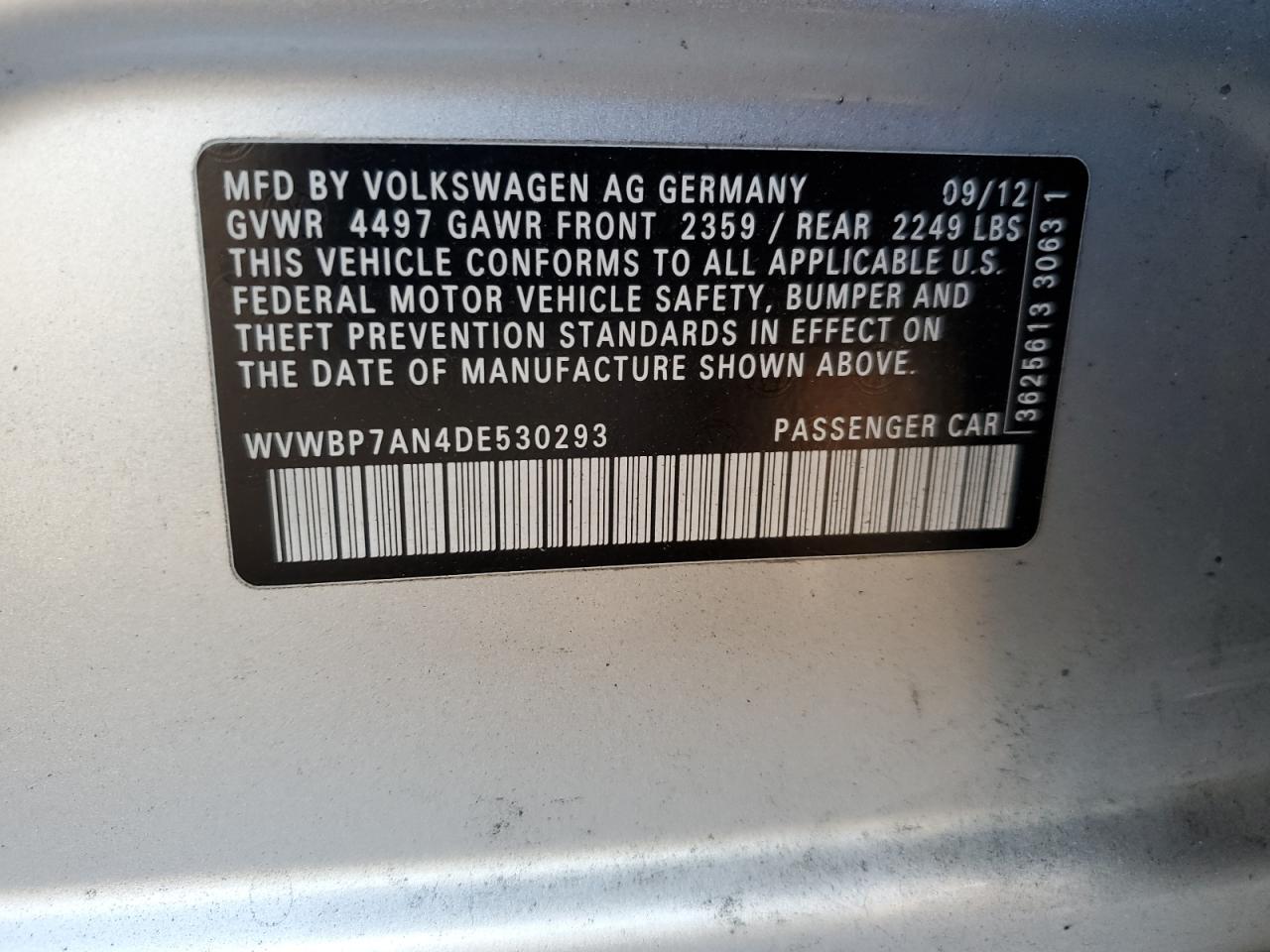 2013 Volkswagen Passat CC VIN WVWBP7AN4DE530293 Copart auction photo, all over damage thumbnail 14