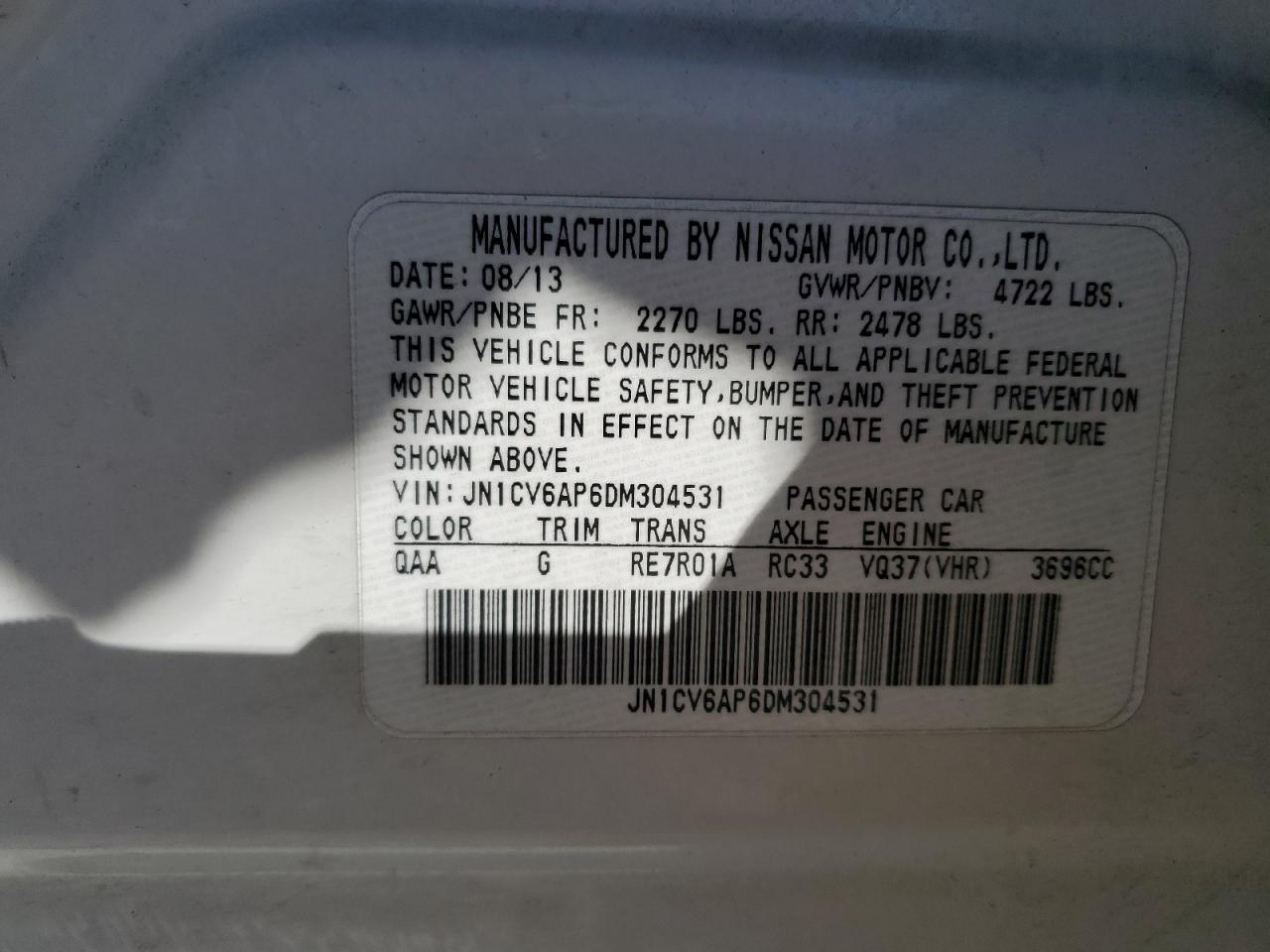 2013 Infiniti G VIN JN1CV6AP6DM304531 Copart auction photo, rear end damage thumbnail 12