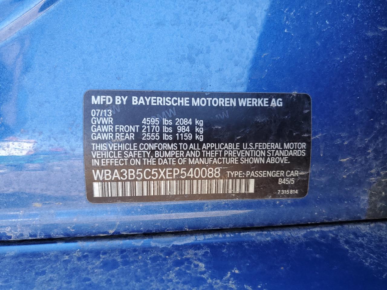 2014 BMW 3er VIN WBA3B5C5XEP540088 Copart auction photo, front end / minor dent/scratches damage thumbnail 15