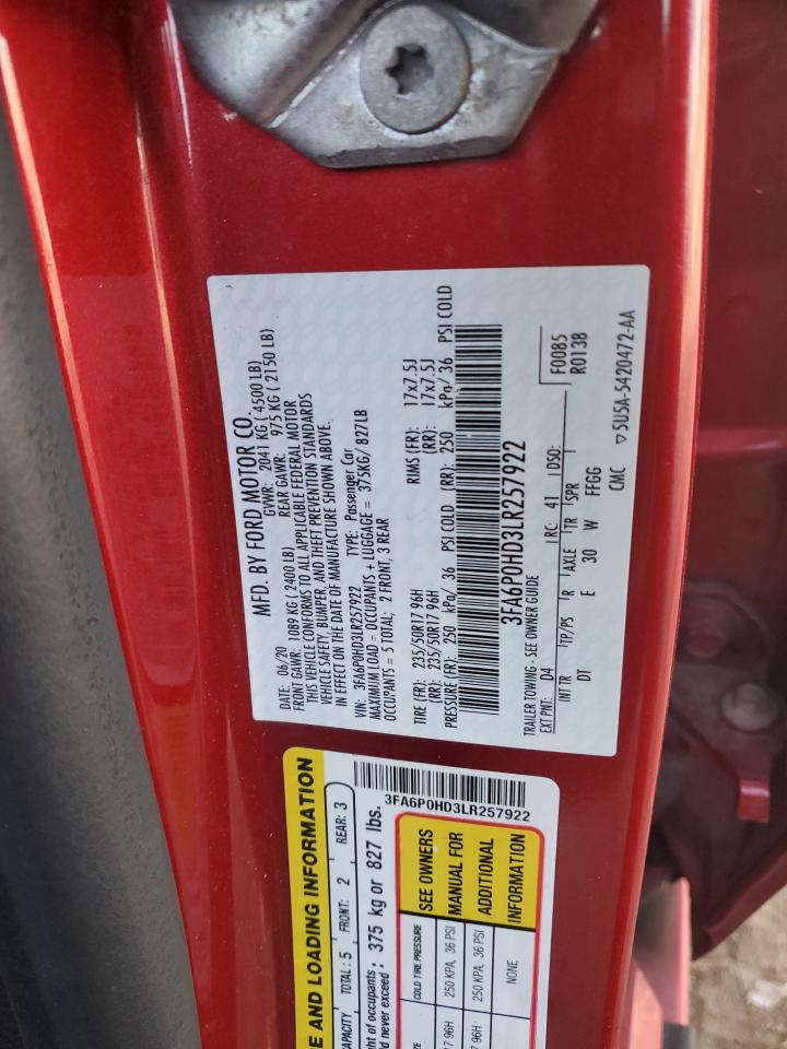 2020 Ford Fusion VIN 3FA6P0HD3LR257922 Copart auction photo, front end / side damage thumbnail 13