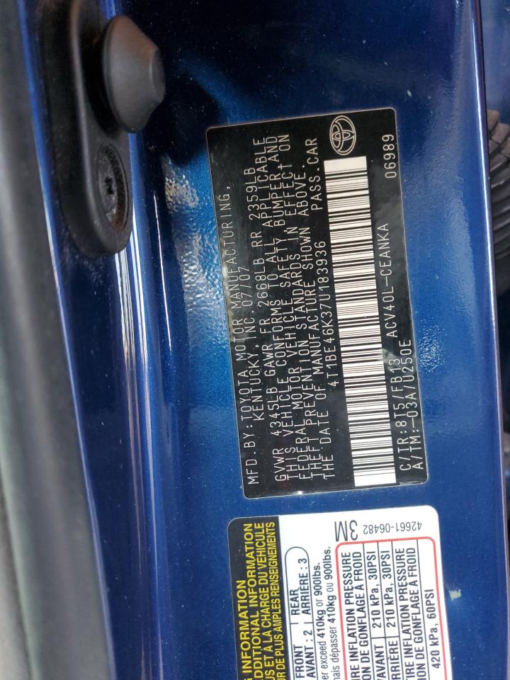 2007 Toyota Camry VIN 4T1BE46K37U183936 Copart auction photo, front end / side damage thumbnail 12
