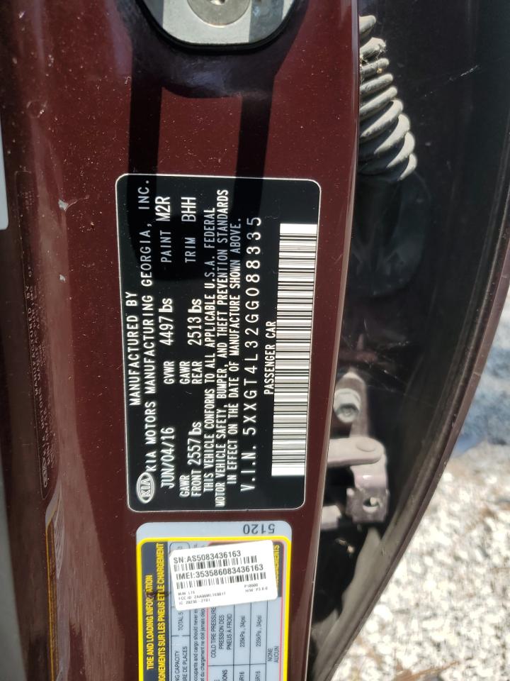 2016 KIA Optima VIN 5XXGT4L32GG088335 Copart auction photo, front end / side damage thumbnail 14
