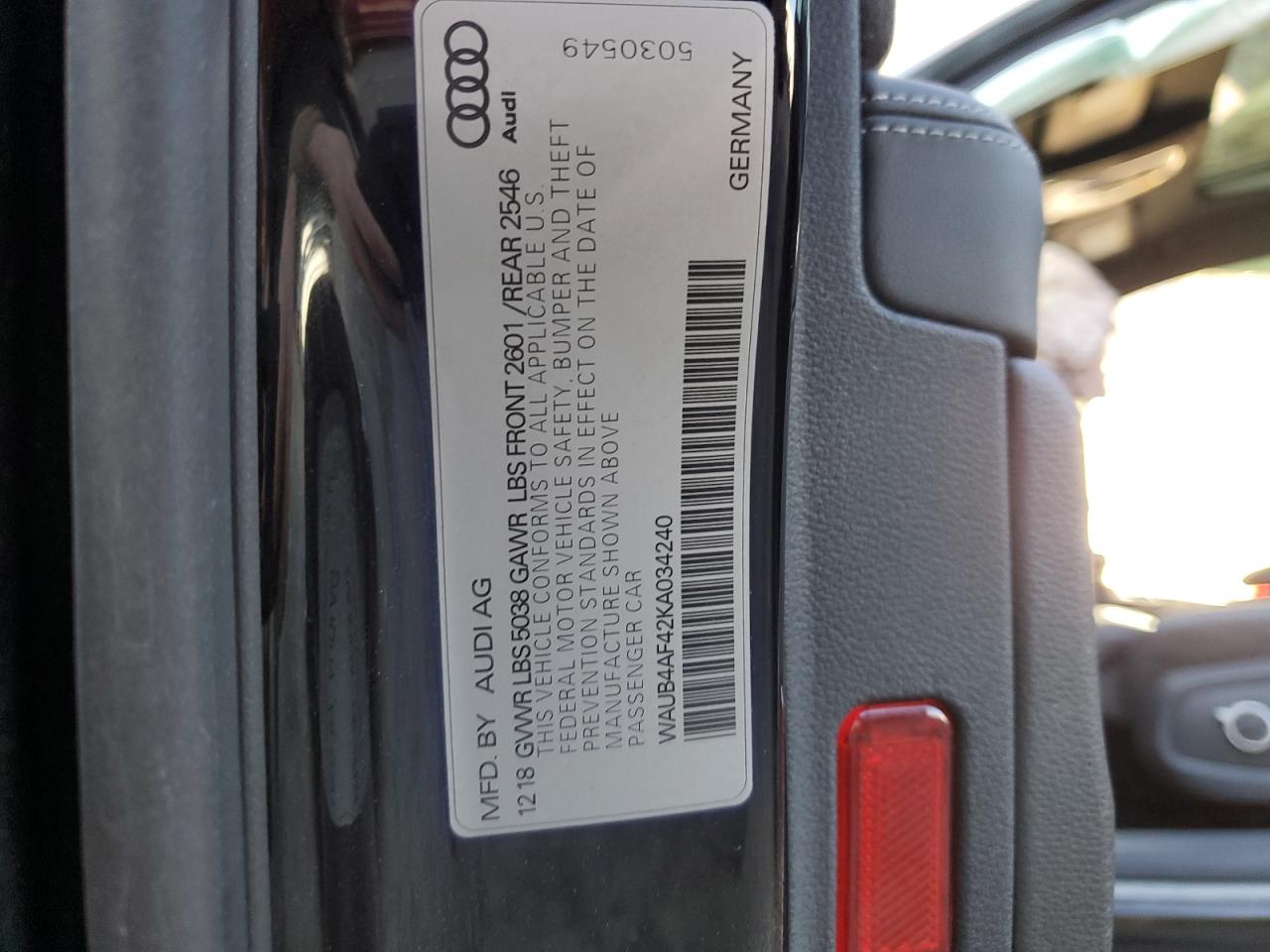 2019 Audi RS4 VIN WAUB4AF42KA034240 Copart auction photo, front end / minor dent/scratches damage thumbnail 12