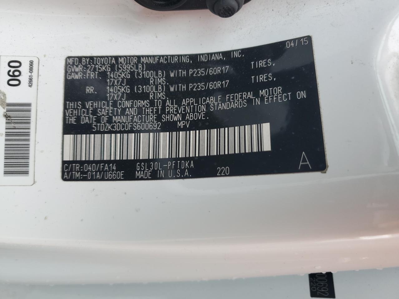 2015 Toyota Sienna VIN 5TDZK3DC0FS600692 Copart auction photo, rear end damage thumbnail 13