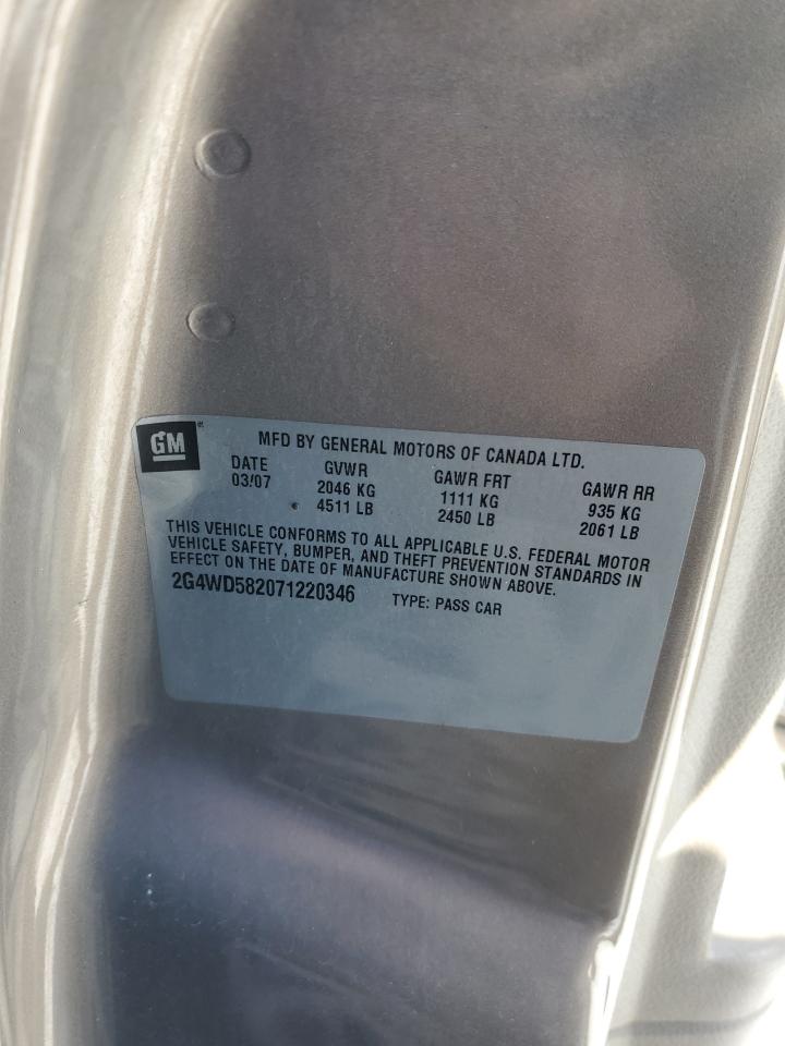 2007 Buick LaCrosse VIN 2G4WD582071220346 Copart auction photo, front end / side damage thumbnail 12