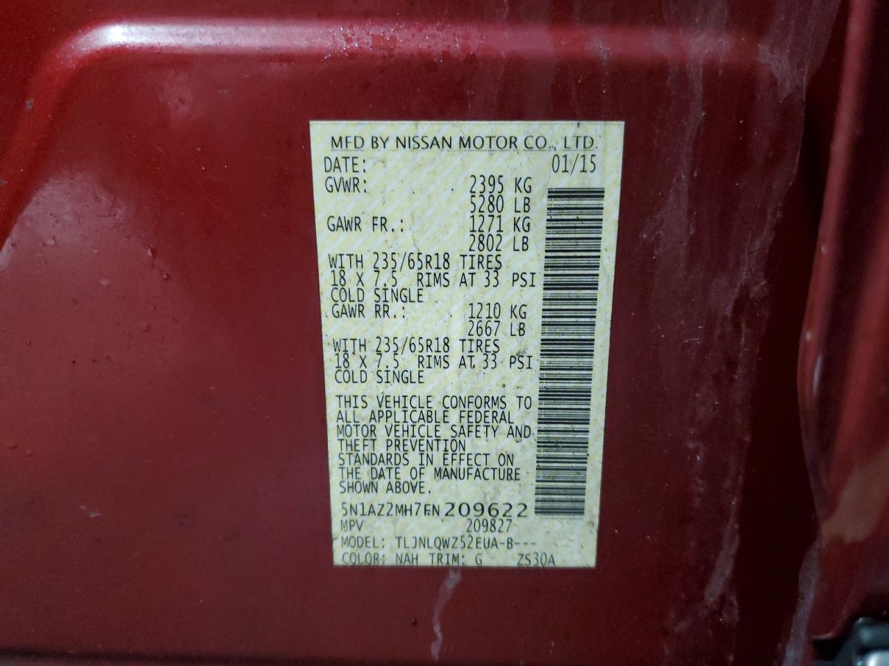 2015 Nissan Murano VIN 5N1AZ2MH7FN209622 Copart auction photo, front end damage thumbnail 14