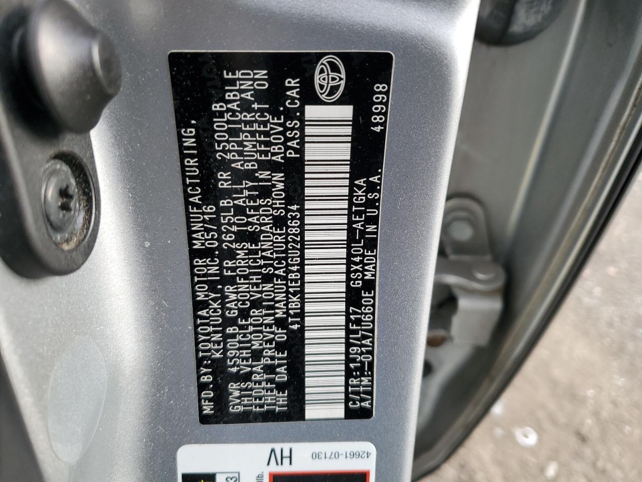 2016 Toyota Avalon VIN 4T1BK1EB4GU228634 Copart auction photo, front end / undercarriage damage thumbnail 14