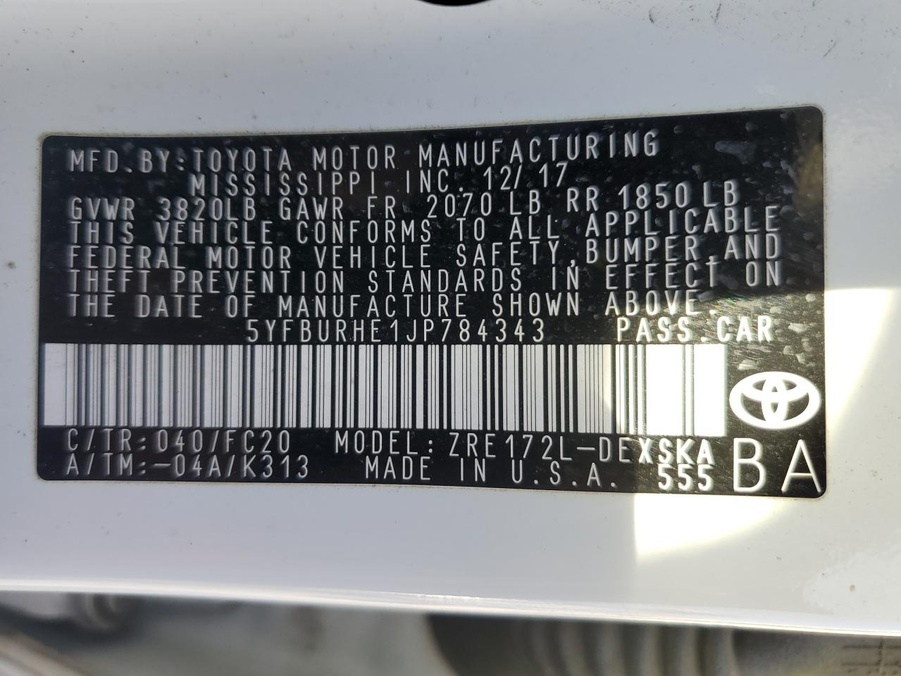 2018 Toyota Corolla VIN 5YFBURHE1JP784343 Copart auction photo, front end damage thumbnail 14