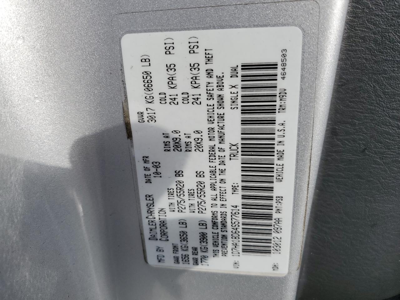 2004 Dodge RAM VIN 1D7HA18D64S577614 Copart auction photo, front end damage thumbnail 13