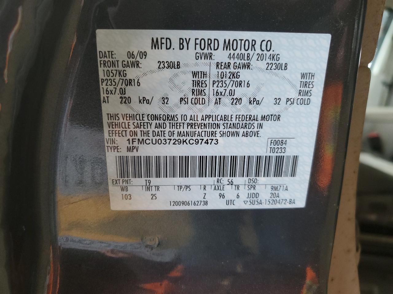 2009 Ford Escape VIN 1FMCU03729KC97473 Copart auction photo, rear end / side damage thumbnail 13