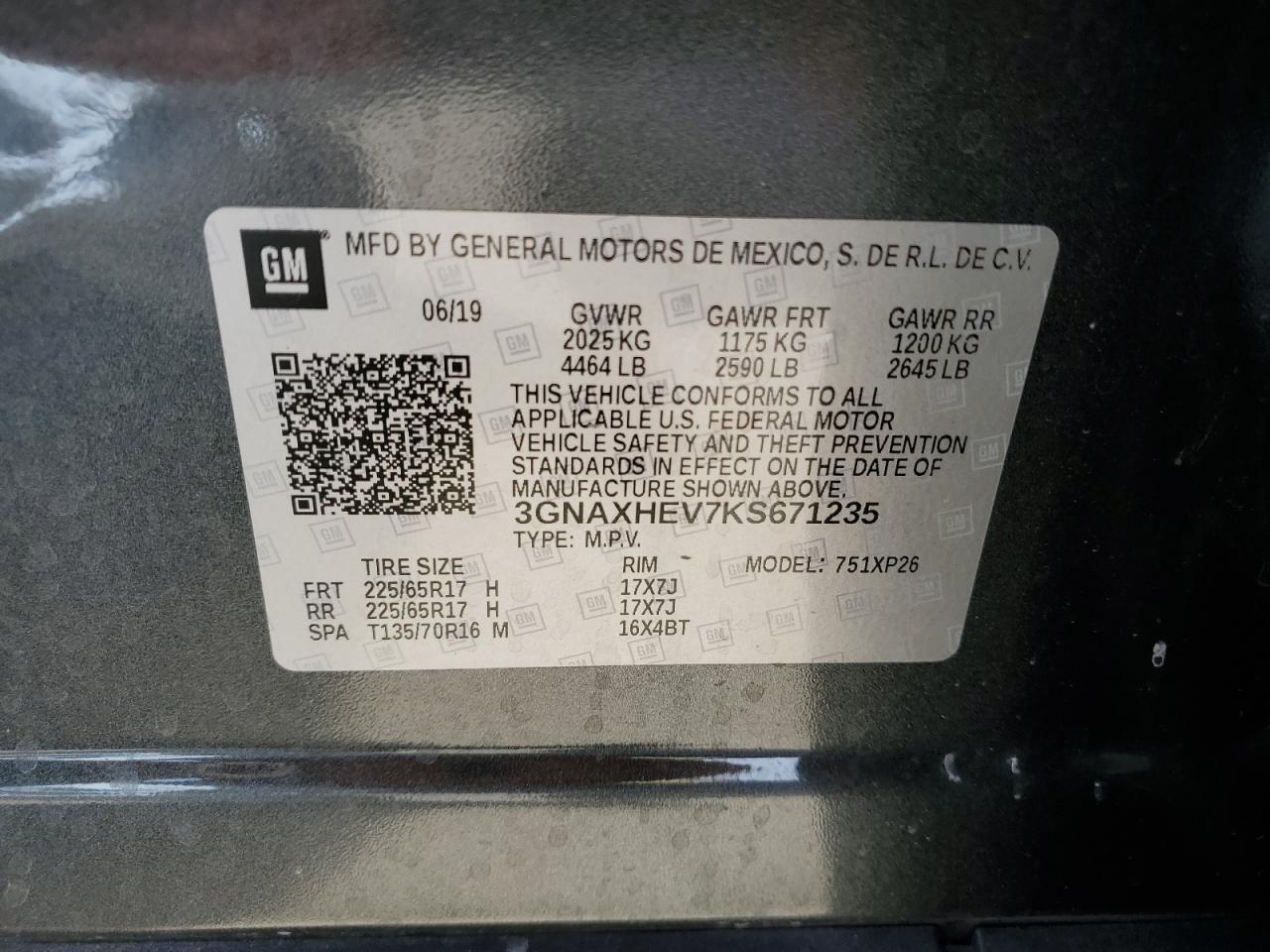 2019 Chevrolet Equinox VIN 3GNAXHEV7KS671235 Copart auction photo, front end damage thumbnail 14