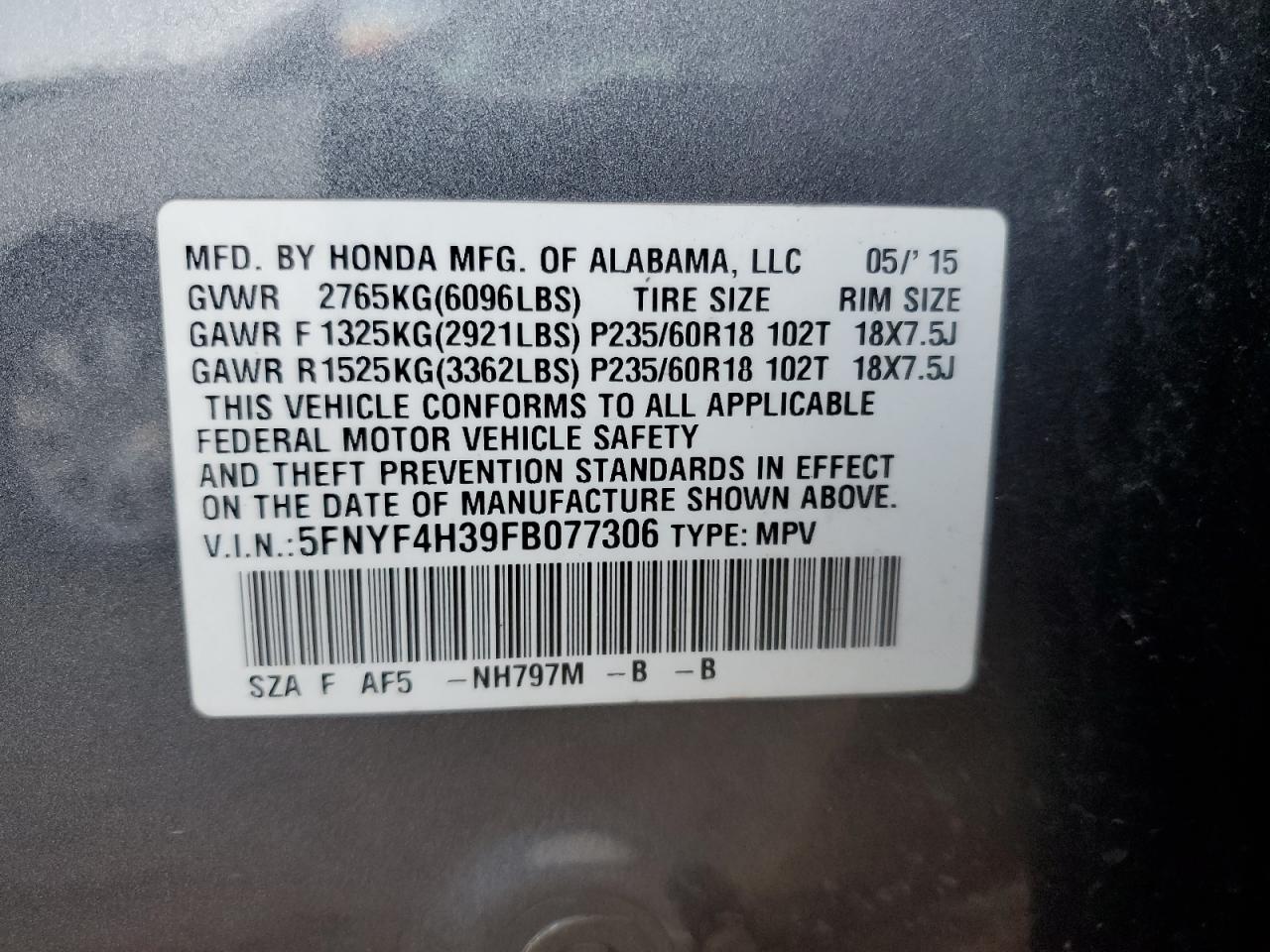 2015 Honda Pilot VIN 5FNYF4H39FB077306 Copart auction photo, front end damage thumbnail 15