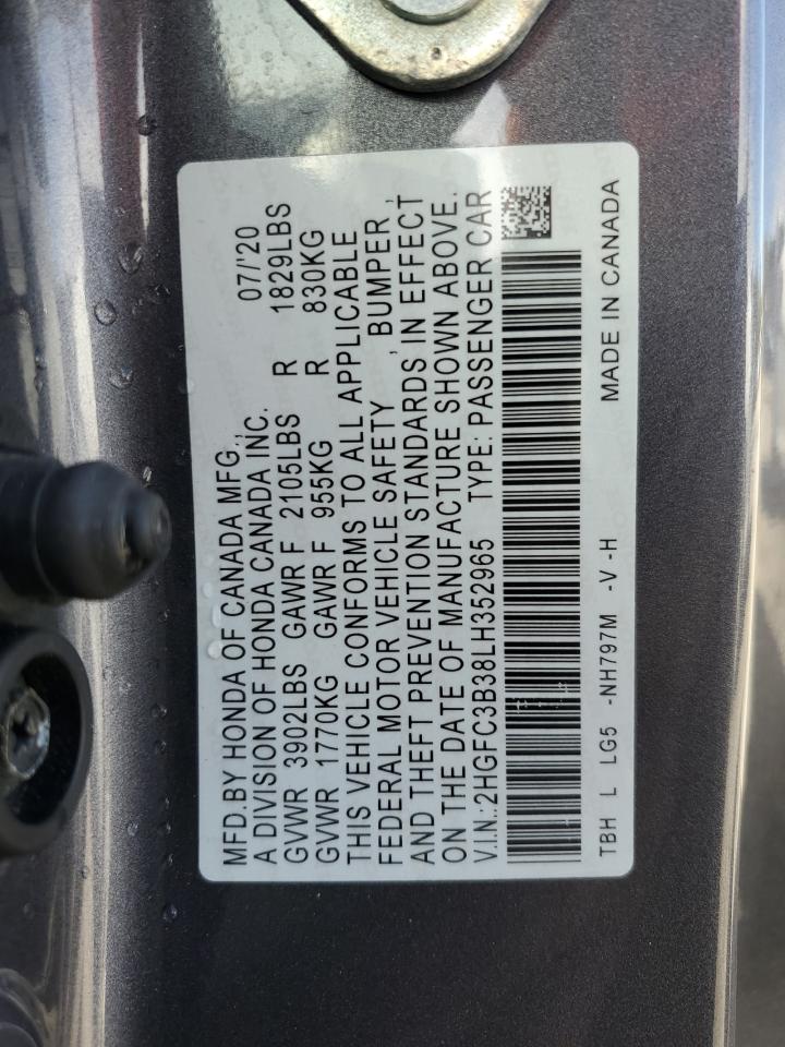 2020 Honda Civic VIN 2HGFC3B38LH352965 Copart auction photo, side / all over damage thumbnail 13