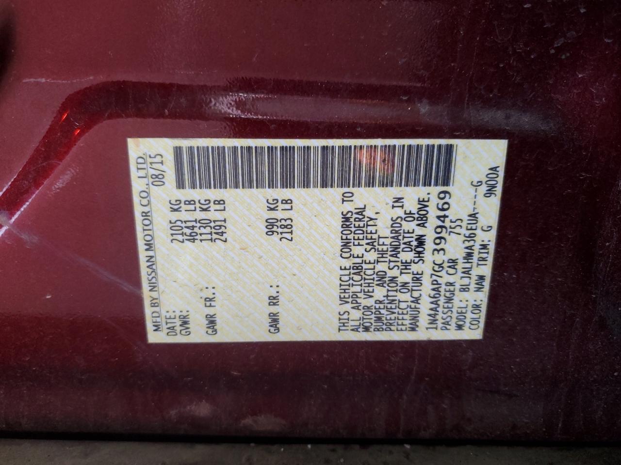 2016 Nissan Maxima VIN 1N4AA6AP7GC399469 Copart auction photo, front end / side damage thumbnail 12