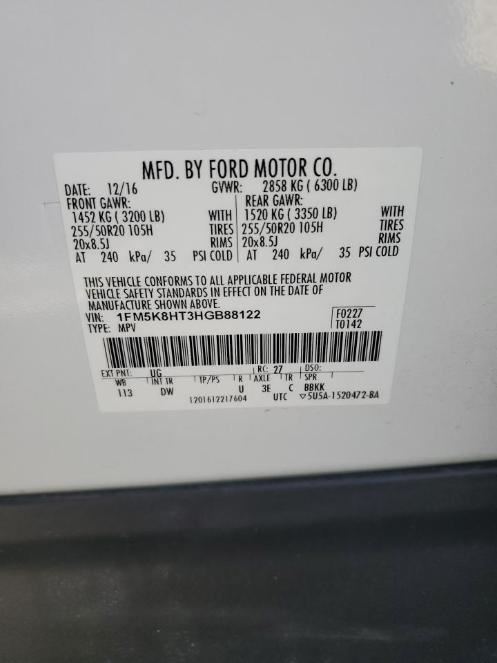 2017 Ford Explorer VIN 1FM5K8HT3HGB88122 Copart auction photo, rear end damage thumbnail 13