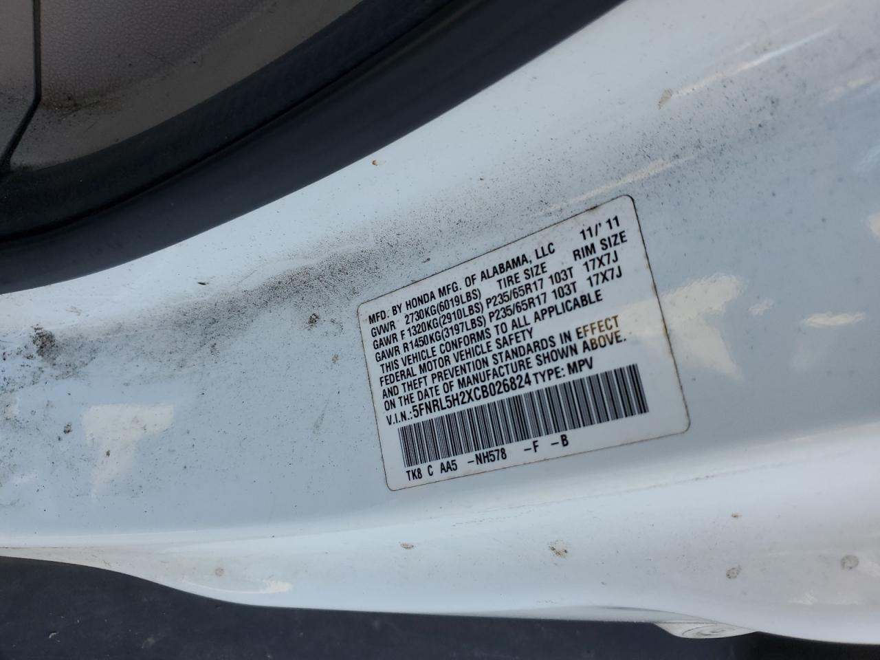 2012 Honda Odyssey VIN 5FNRL5H2XCB026824 Copart auction photo, normal wear damage thumbnail 13