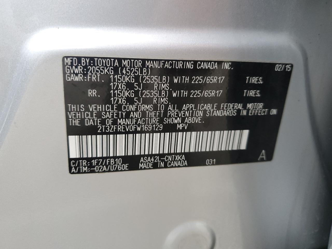 2015 Toyota RAV 4 VIN 2T3ZFREV0FW169129 Copart auction photo, front end / side damage thumbnail 15