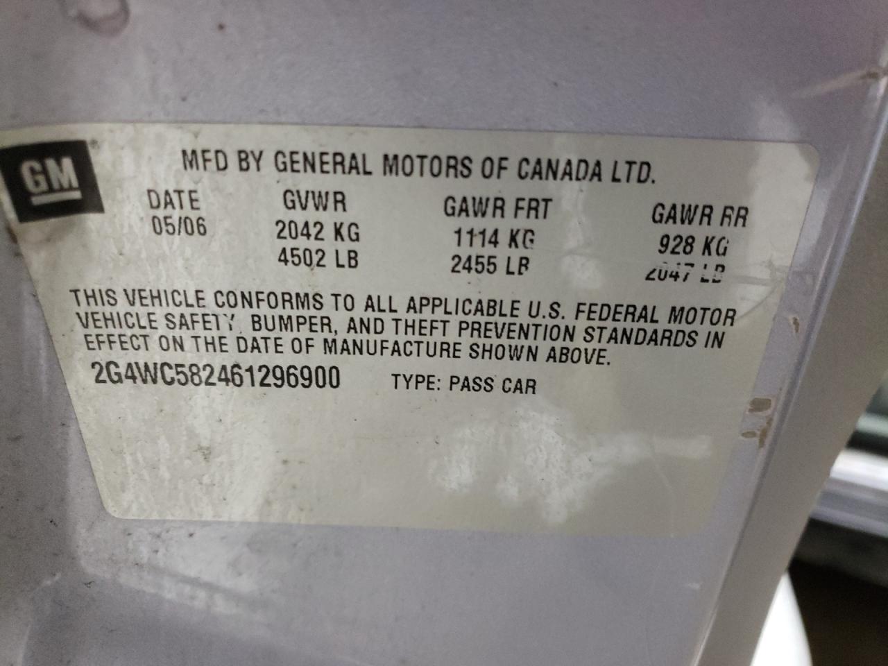 2006 Buick LaCrosse VIN 2G4WC582461296900 Copart auction photo, rear end / side damage thumbnail 13