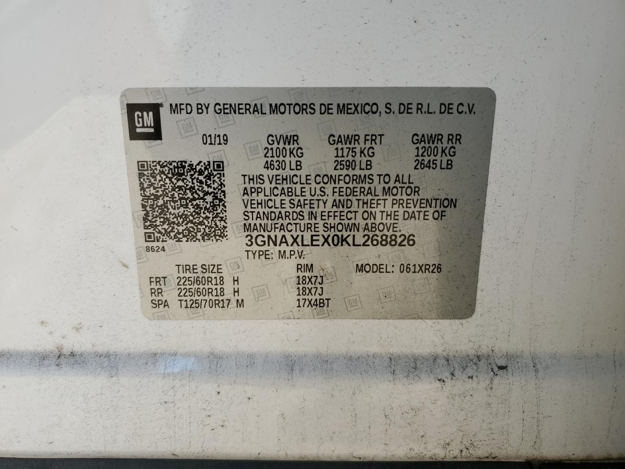 2019 Chevrolet Equinox VIN 3GNAXLEX0KL268826 Copart auction photo, front end damage thumbnail 15