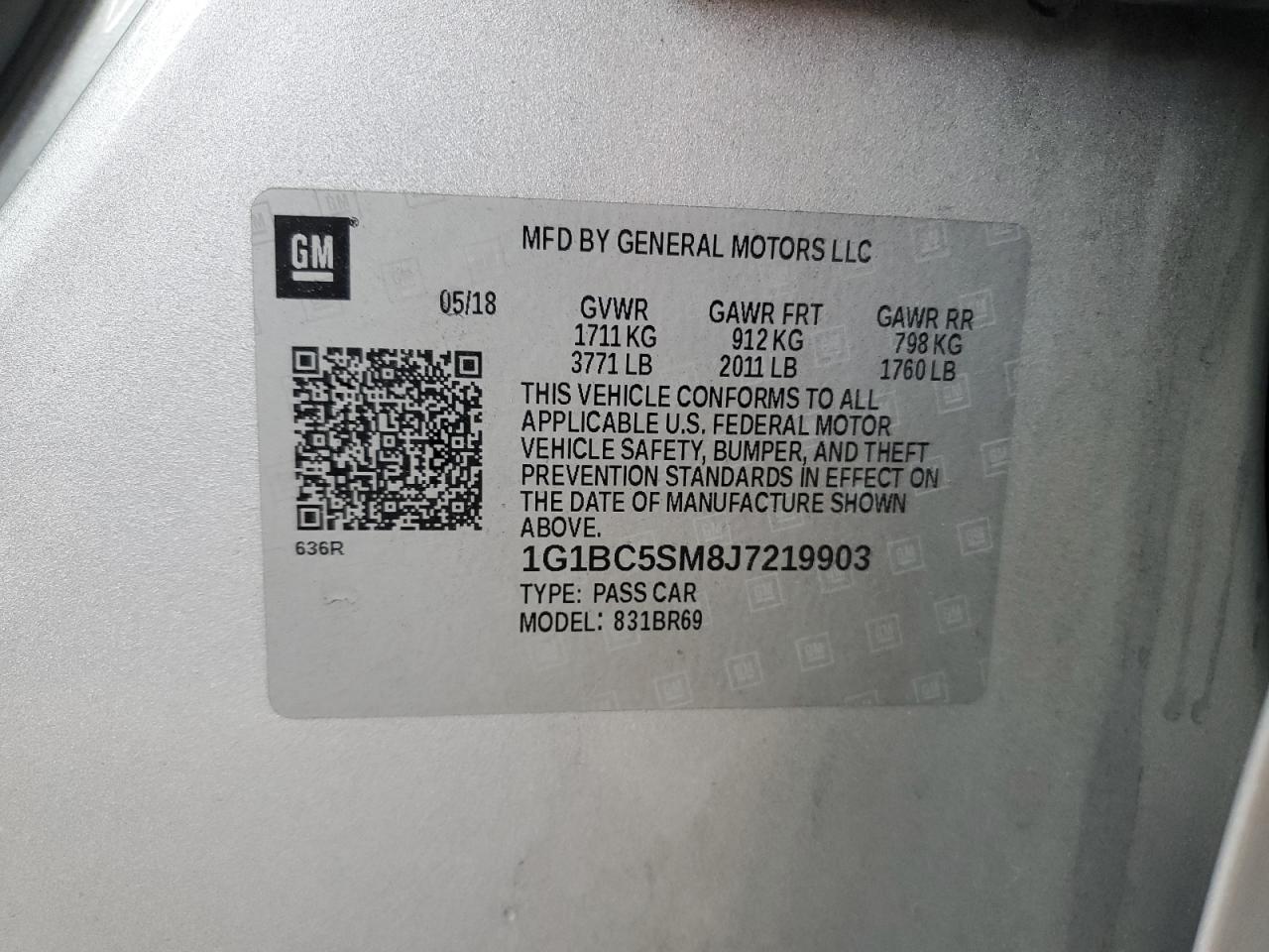 2018 Chevrolet Cruze VIN 1G1BC5SM8J7219903 Copart auction photo, side / front end damage thumbnail 12