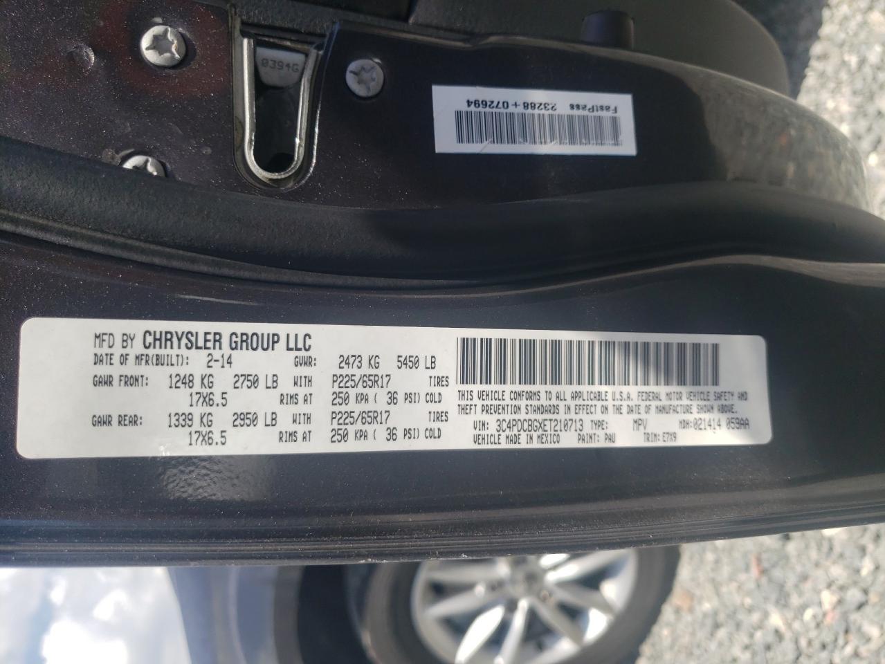 2014 Dodge Journey VIN 3C4PDCBGXET210713 Copart auction photo, front end / side damage thumbnail 10