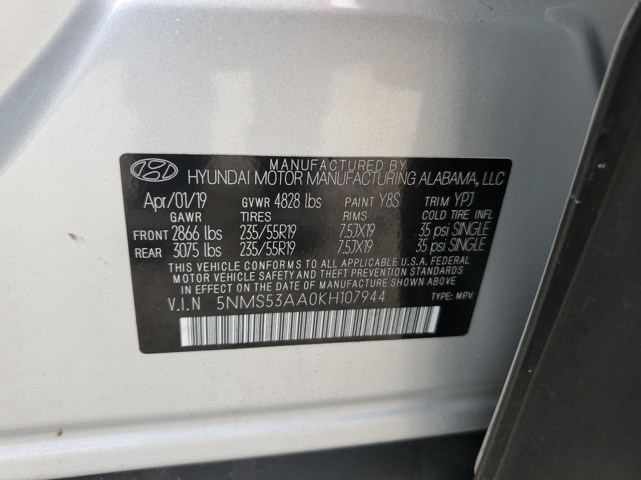 2019 Hyundai Santa Fe VIN 5NMS53AA0KH107944 Copart auction photo, water/flood damage thumbnail 14