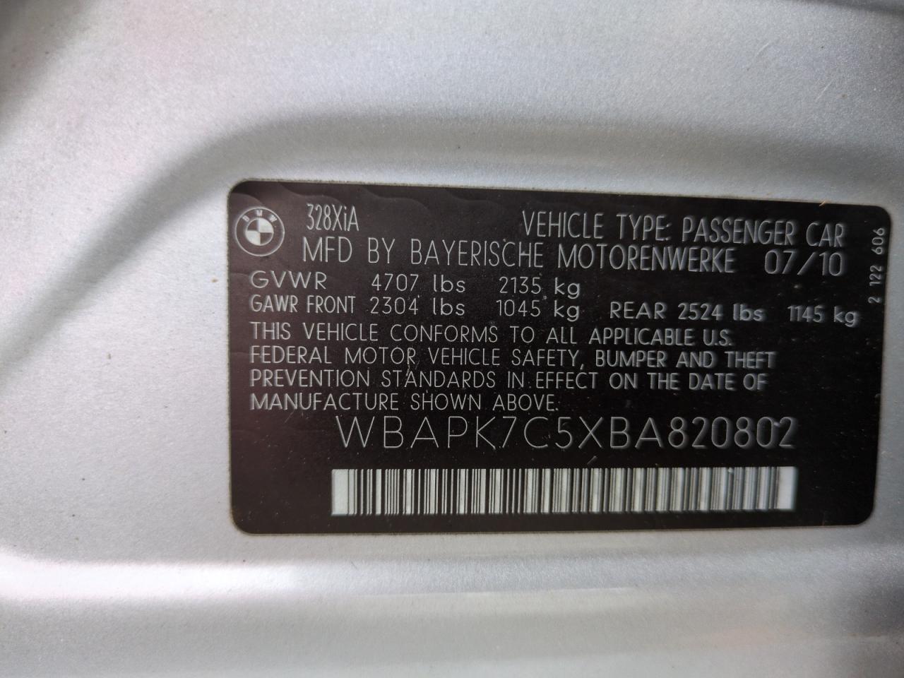 2011 BMW 3er VIN WBAPK7C5XBA820802 Copart auction photo, water/flood damage thumbnail 13