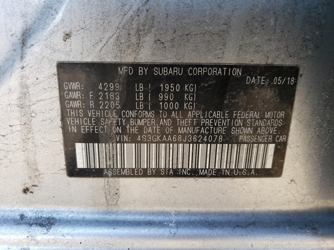 2018 Subaru Impreza VIN 4S3GKAA68J3624078 Copart auction photo, front end / side damage thumbnail 13