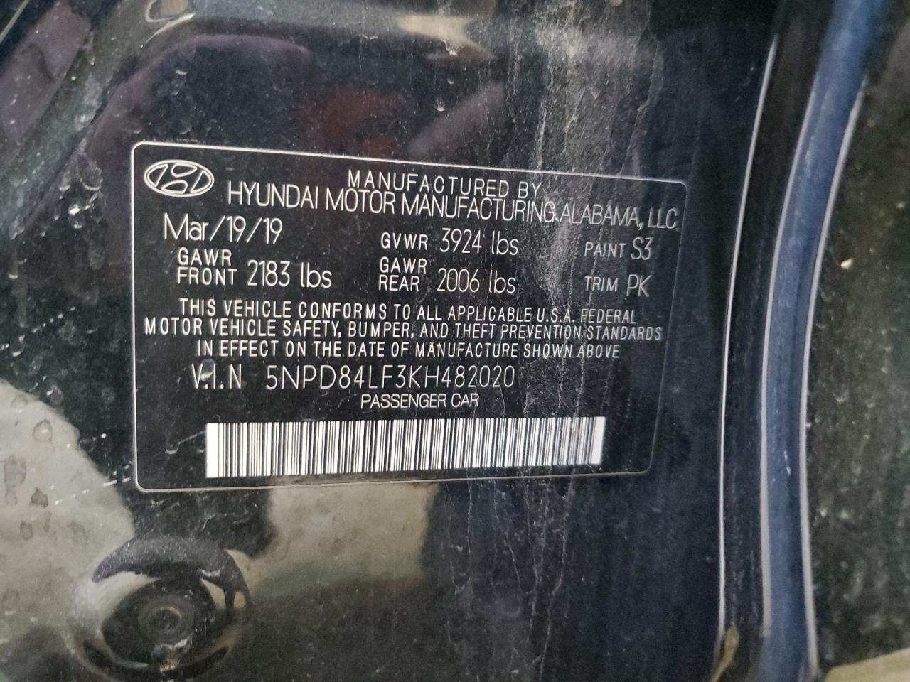 2019 Hyundai Elantra VIN 5NPD84LF3KH482020 Copart auction photo, front end / side damage thumbnail 12