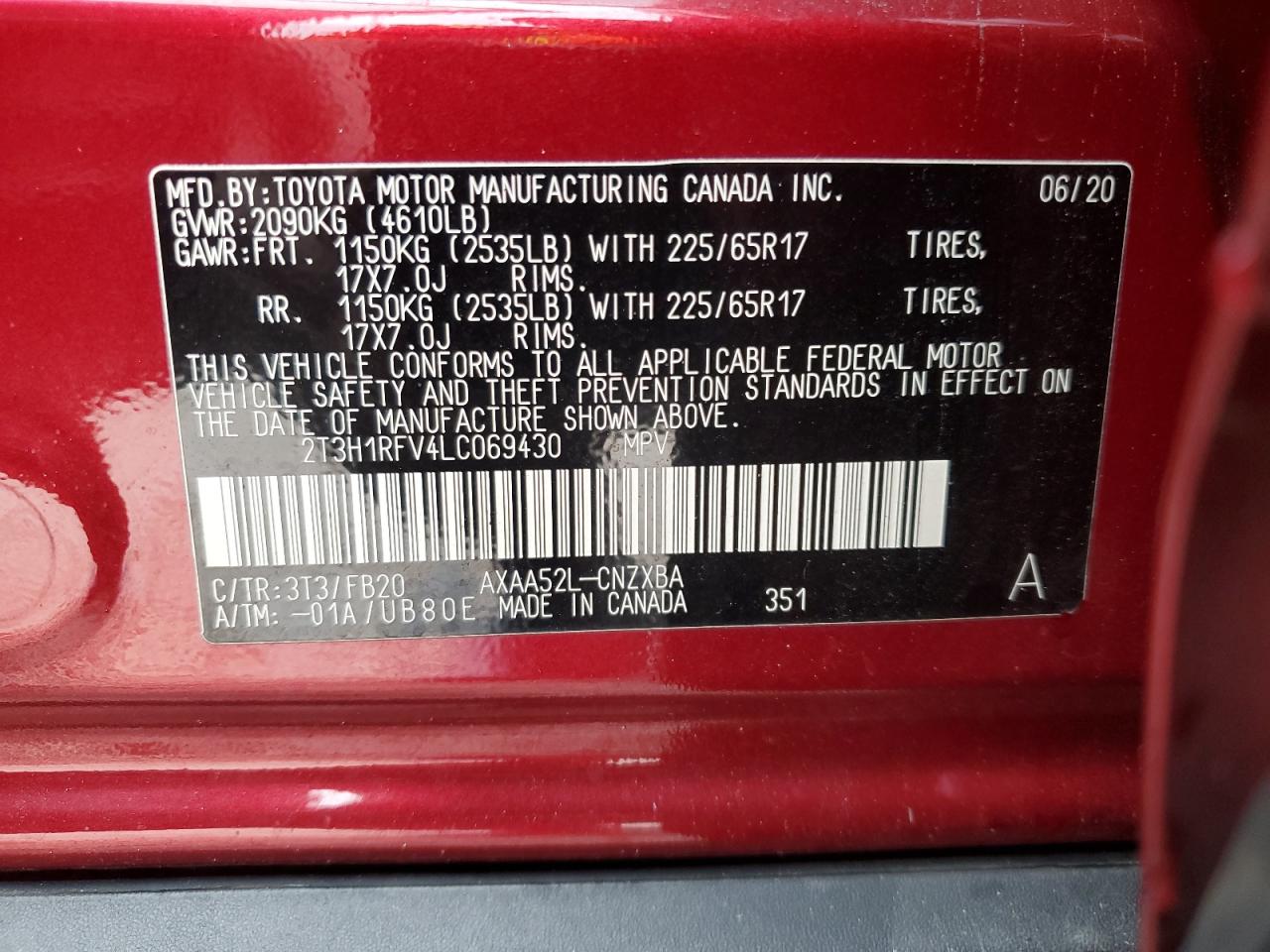 2020 Toyota RAV 4 VIN 2T3H1RFV4LC069430 Copart auction photo, front end damage thumbnail 12