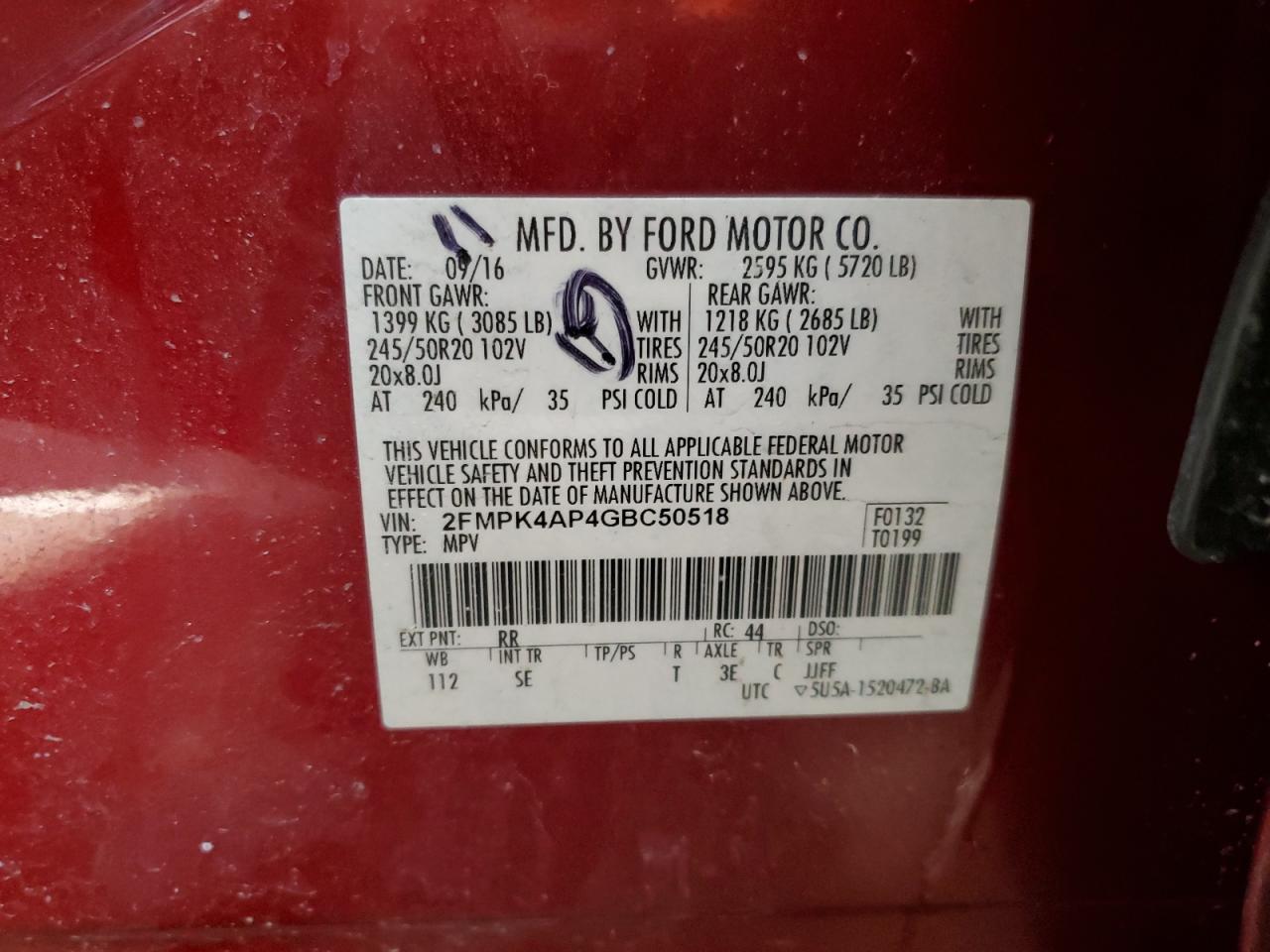 2016 Ford Edge VIN 2FMPK4AP4GBC50518 Copart auction photo, biohazard/chemical / all over damage thumbnail 15