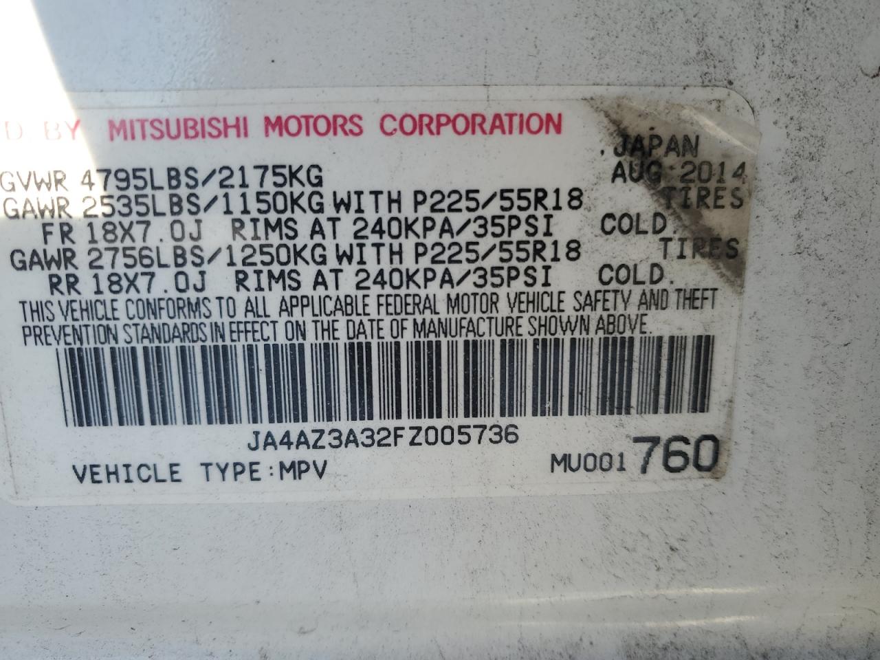 2015 Mitsubishi Outlander VIN JA4AZ3A32FZ005736 Copart auction photo, front end / undercarriage damage thumbnail 15