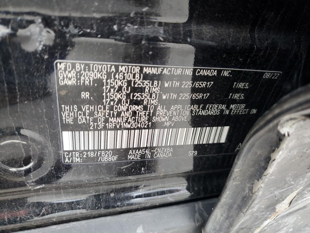 2022 Toyota RAV 4 VIN 2T3F1RFV1NW304021 Copart auction photo, side / undercarriage damage thumbnail 16