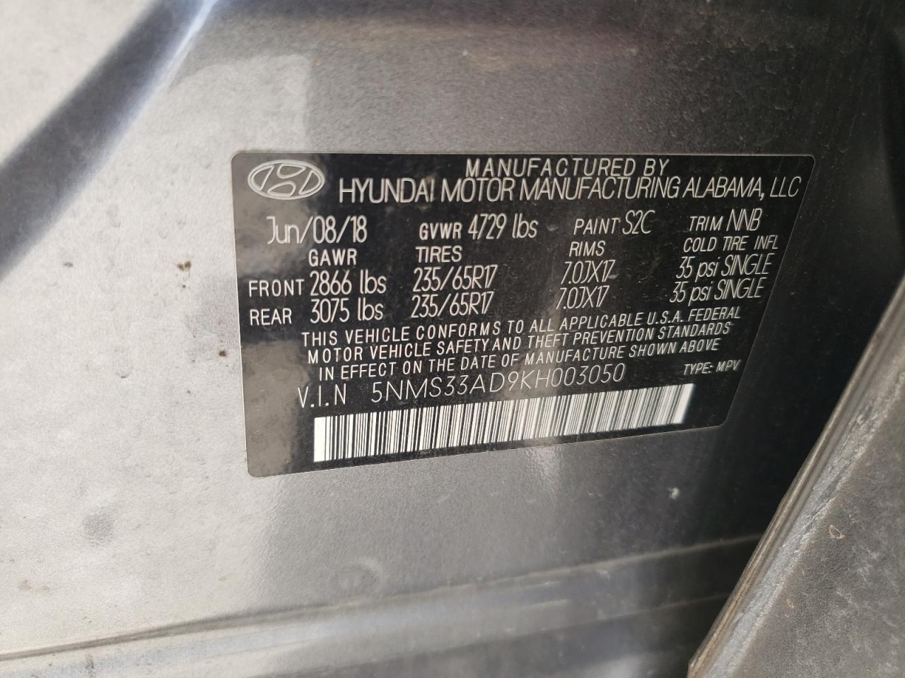 2019 Hyundai Santa Fe VIN 5NMS33AD9KH003050 Copart auction photo, front end damage thumbnail 13