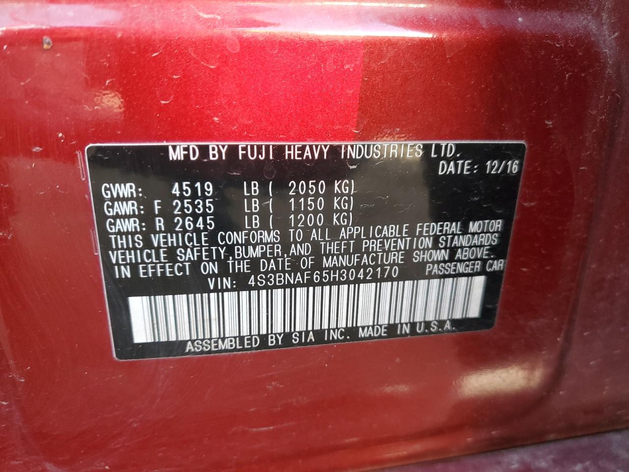 2017 Subaru Legacy VIN 4S3BNAF65H3042170 Copart auction photo, top/roof / all over damage thumbnail 14