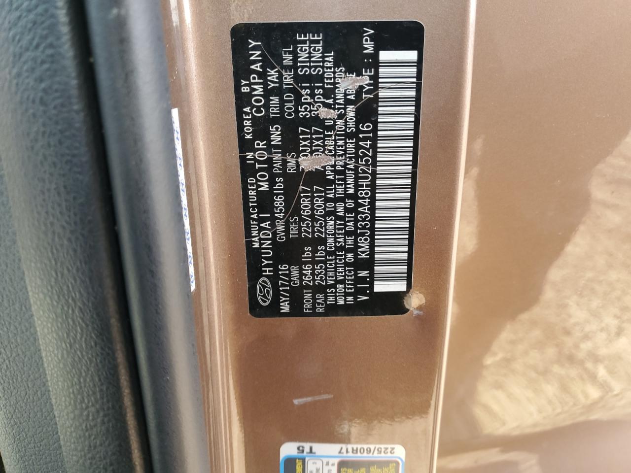 2017 Hyundai Tucson VIN KM8J33A48HU252416 Copart auction photo, all over damage thumbnail 13