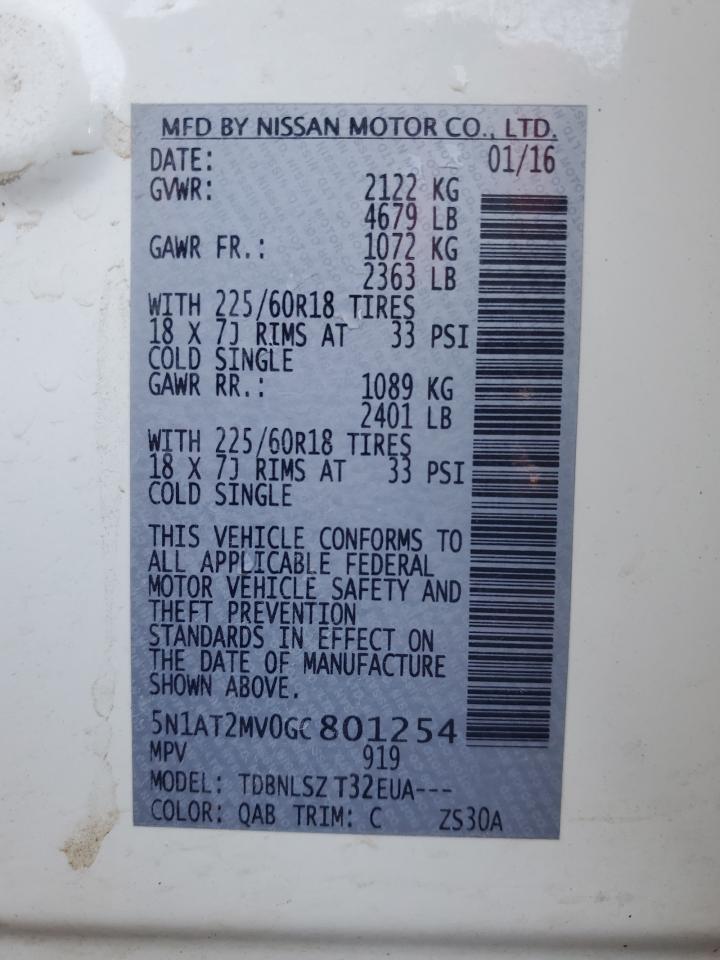 2016 Nissan Rogue VIN 5N1AT2MV0GC801254 Copart auction photo, front end / side damage thumbnail 14
